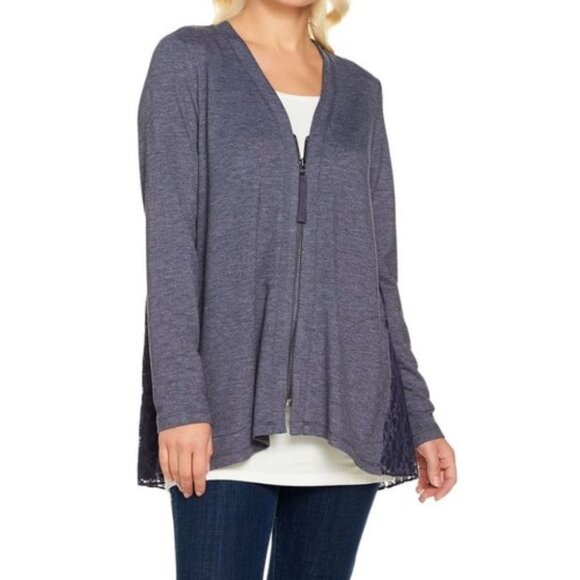 LOGO Lounge by Lori Goldstein Blue Zip Front Cardigan with Lace Back Size 1X - Picture 1 of 10